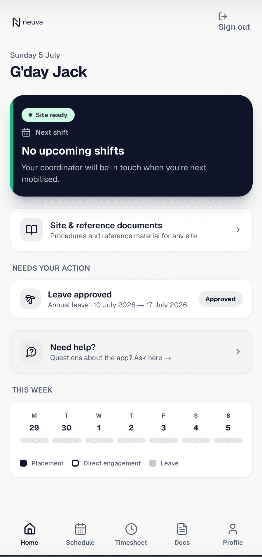 Neuva worker app home screen with next shift, readiness status and actions