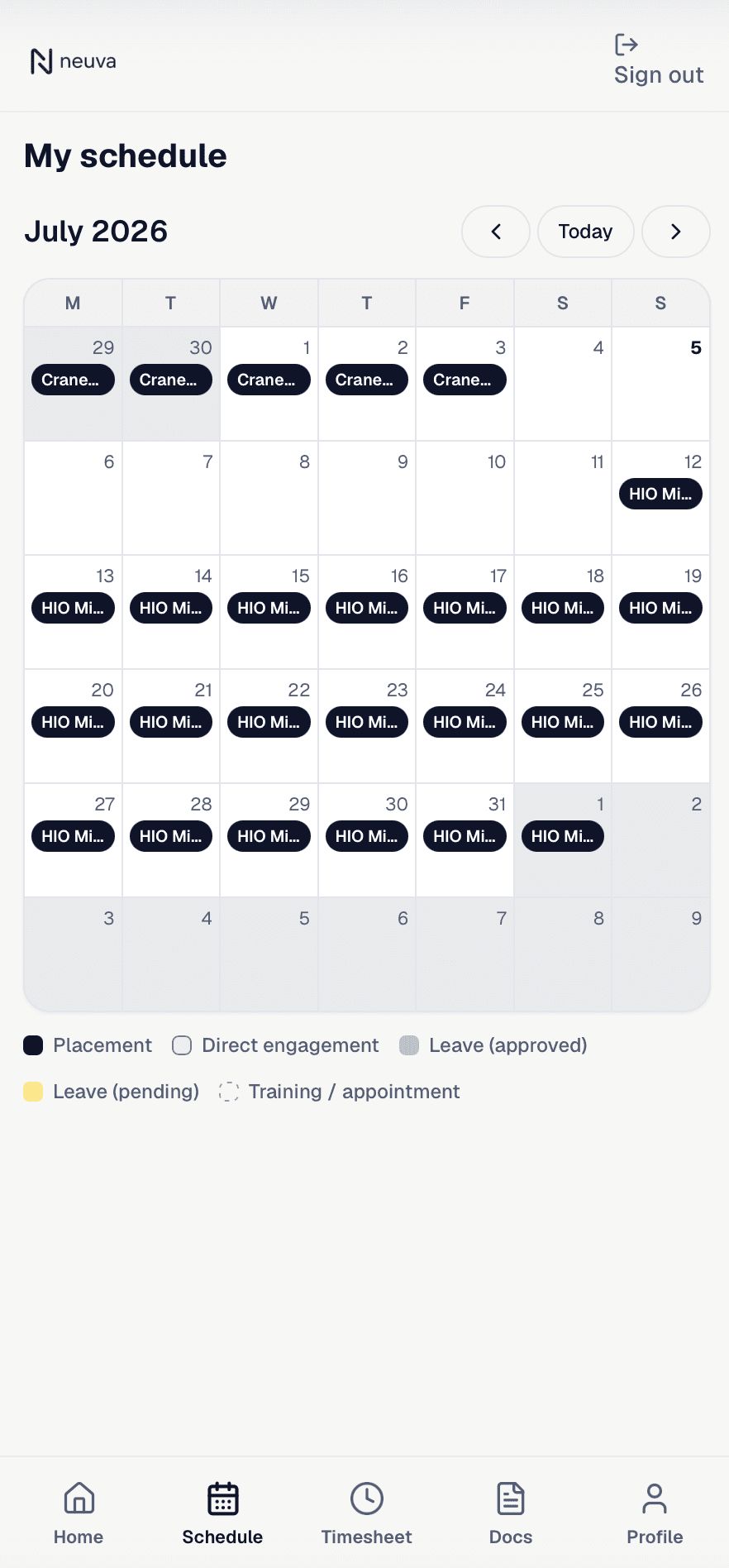 Neuva worker app schedule showing a month of placements, shifts and leave