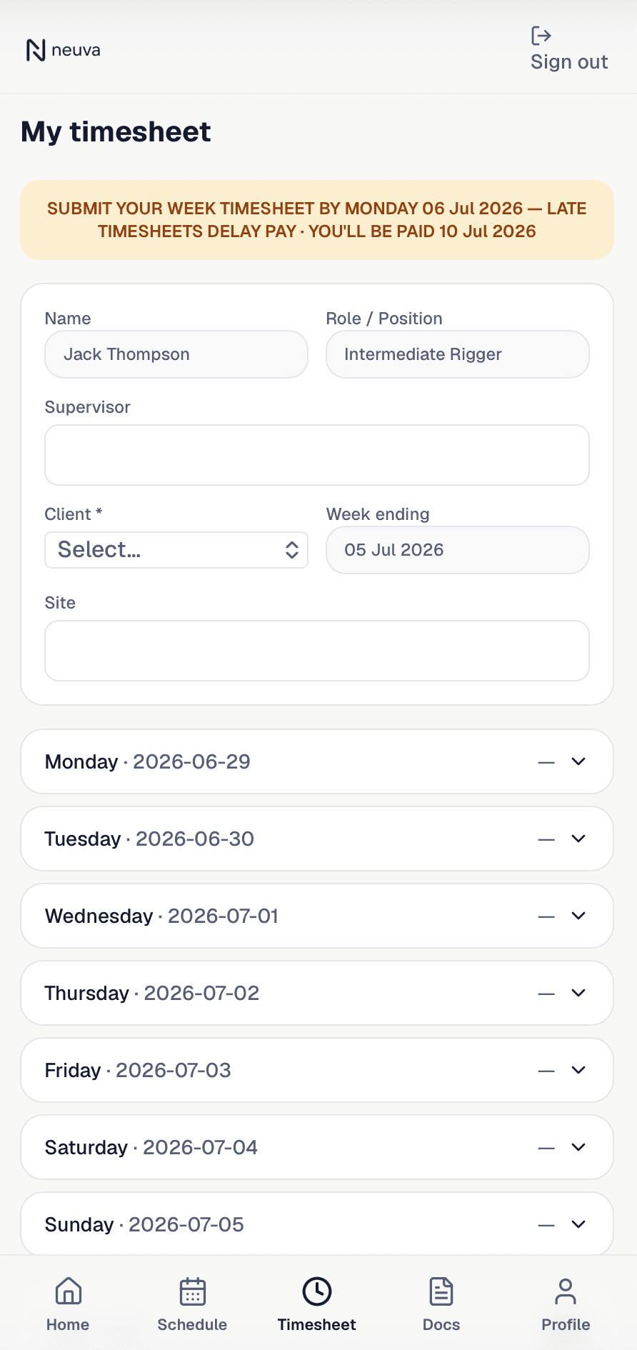 Neuva worker app timesheet submission screen